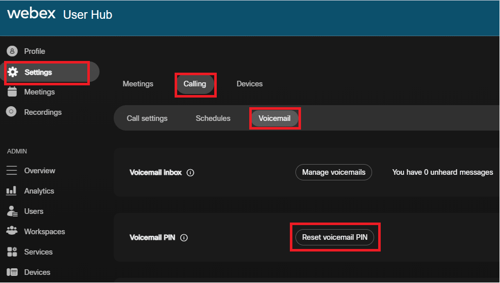 Listening to voicemail via Webex user hub