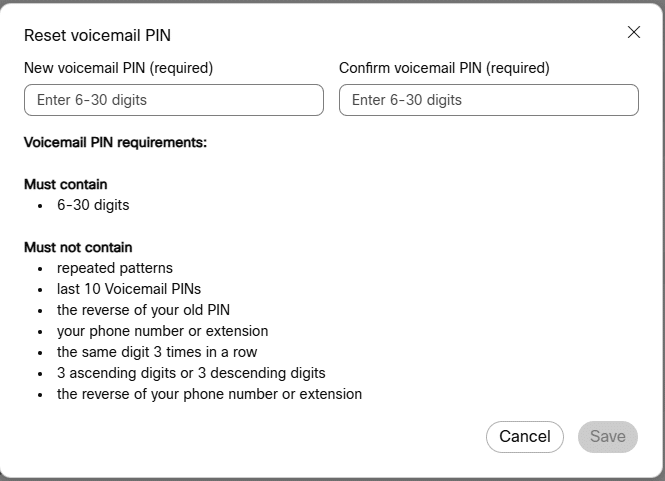 Requirements for resetting your Webex voicemail pin