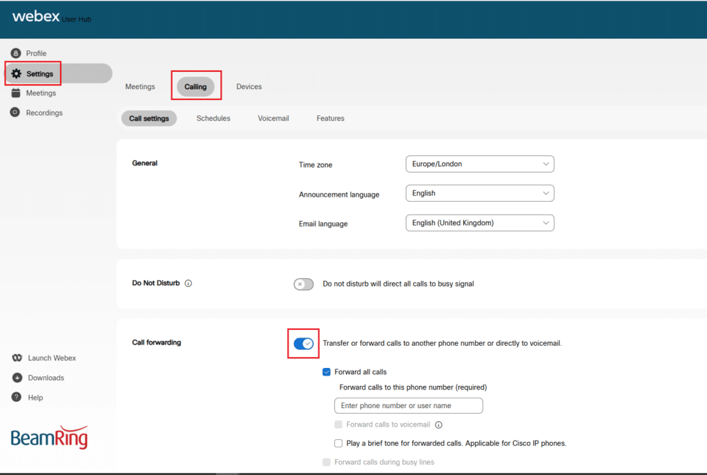 Screen snip of how to set up call-forwarding in the Webex User Hub